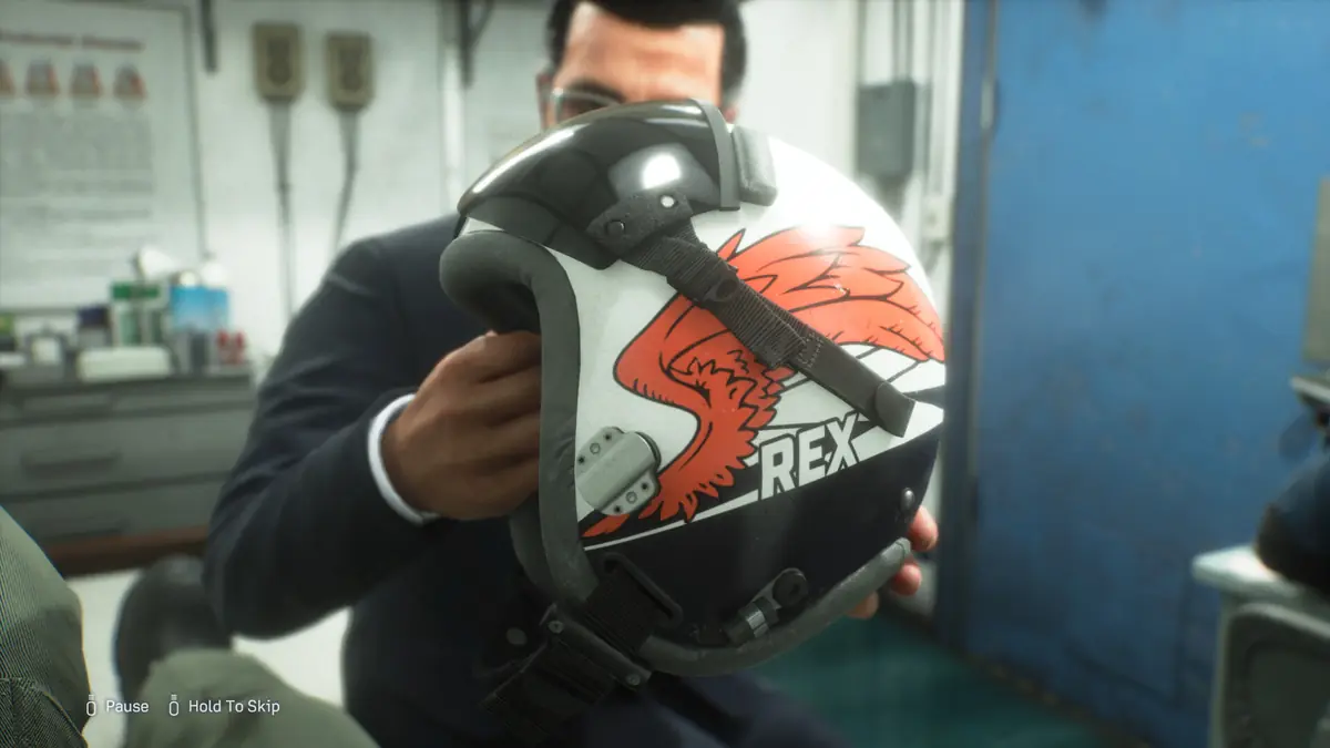 Official ACE COMBAT 8 screenshot of a flight helmet marked with the callsign REX