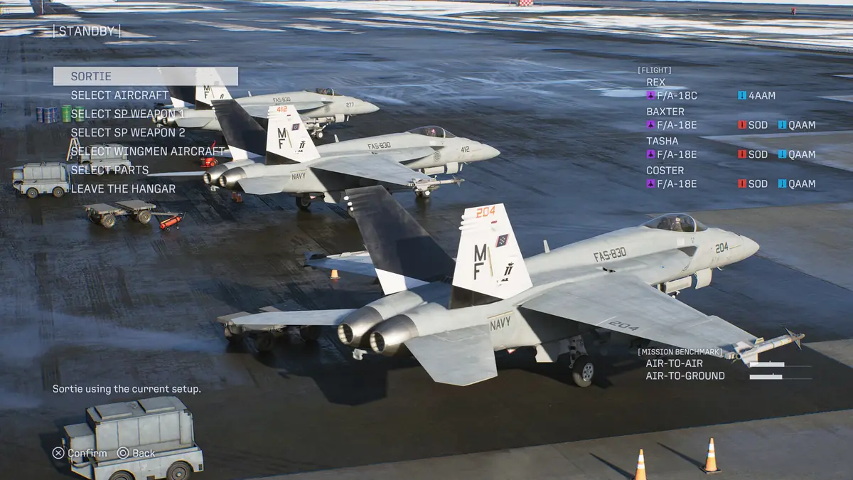 Official ACE COMBAT 8 screenshot of the hangar standby screen showing three aircraft and their special weapon loadouts