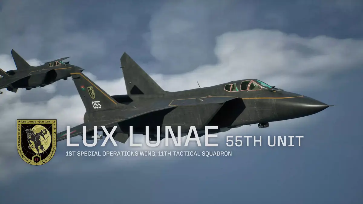 Official ACE COMBAT 8 screenshot of two dark stealth aircraft with the Lux Lunae 55th unit marking
