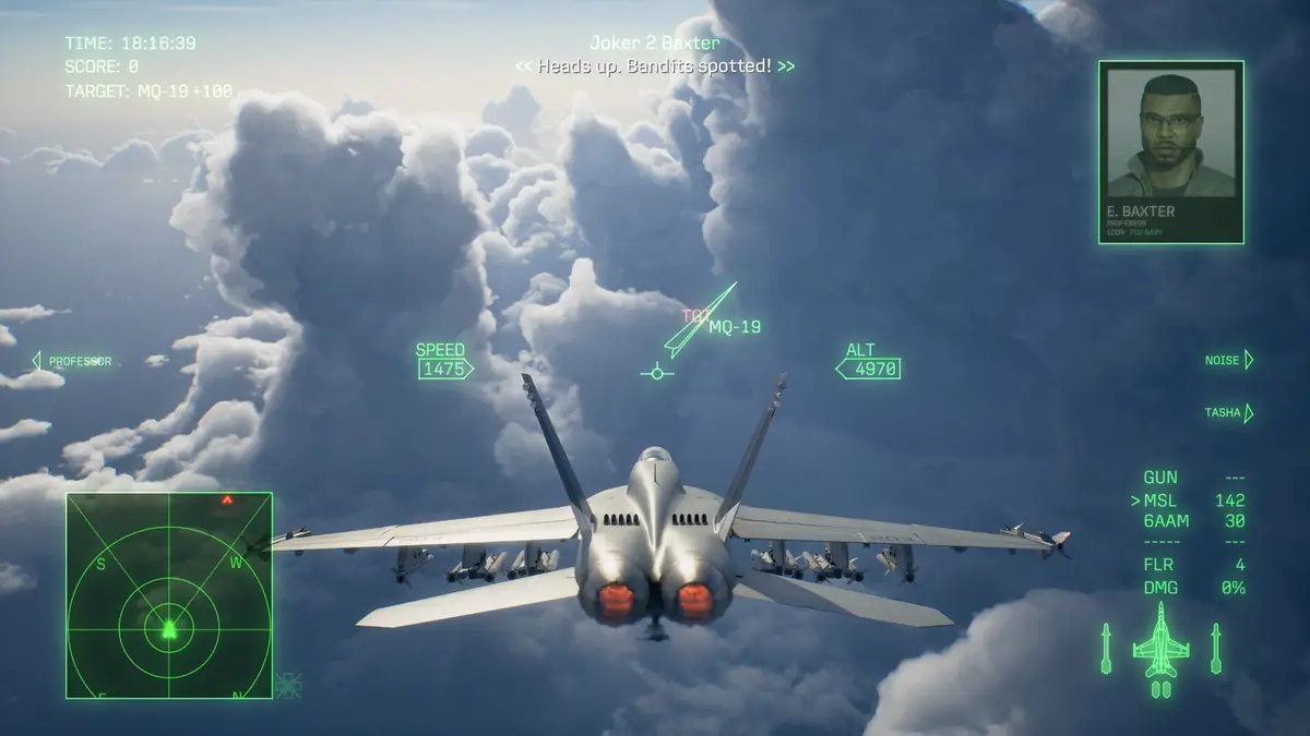 Official ACE COMBAT 8 screenshot of a fighter in flight with a heads-up display over cloud and sky