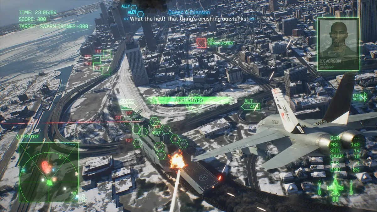 Official ACE COMBAT 8 screenshot of a snowfield battle scene with a character card for Queen Flight
