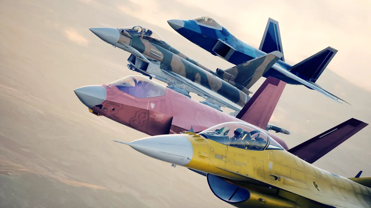 Official ACE COMBAT 8 screenshot of four aircraft in different liveries flying together