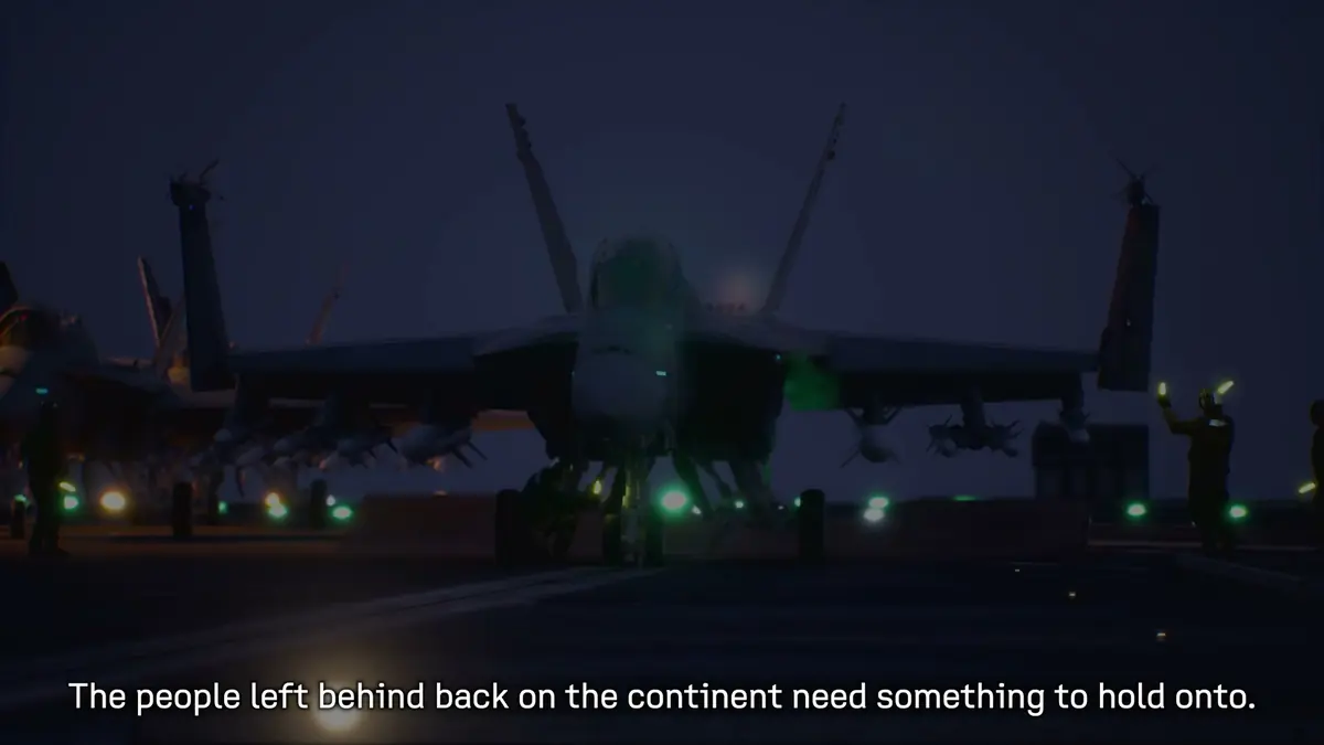 Official ACE COMBAT 8 trailer still of the carrier flight deck at night with aircraft parked