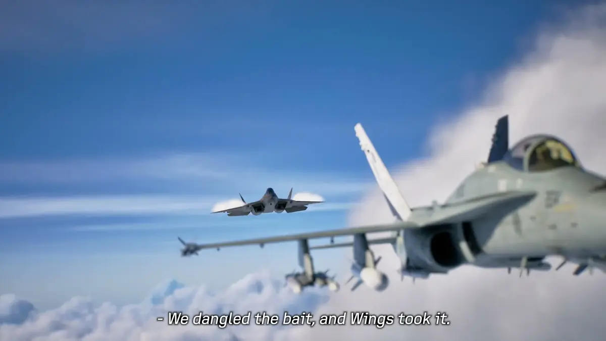 Official ACE COMBAT 8 trailer still of a fighter aircraft climbing through cloud