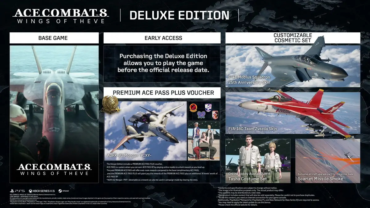 Official ACE COMBAT 8 trailer still showing the Deluxe Edition product card with the included digital items