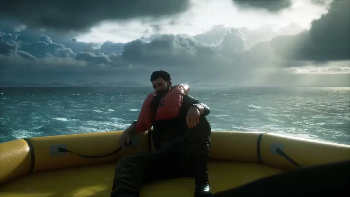 Official ACE COMBAT 8 trailer still of a pilot in a rescue boat at sea