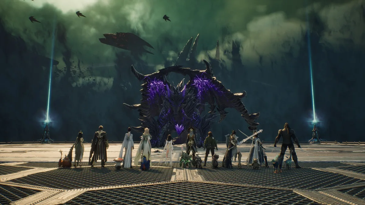 Official AION 2 screenshot of a multi-class party facing a large boss
