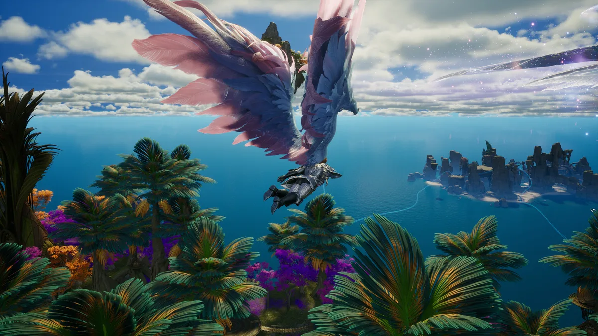 Official AION 2 screenshot of a character travelling by flight over an island region
