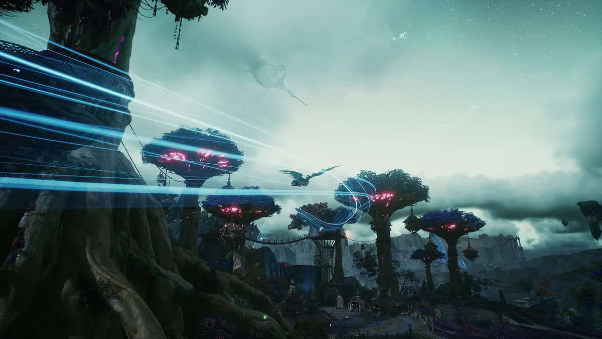Official AION 2 screenshot of flight paths crossing a large open region