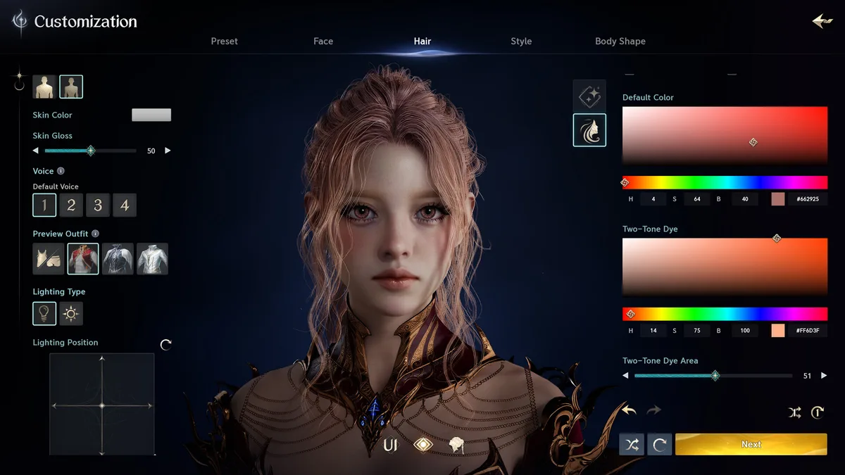 Official AION 2 character customization screen with hair and color controls