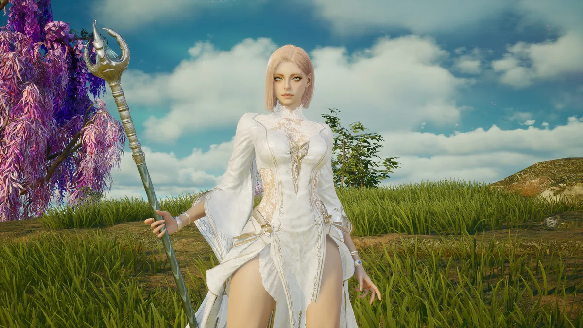 Official AION 2 screenshot showing a character and equipped staff