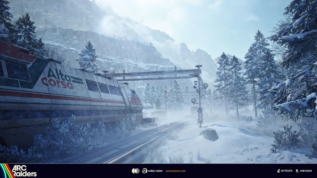 Official screenshot of a snowbound settlement in the Frozen Trail update