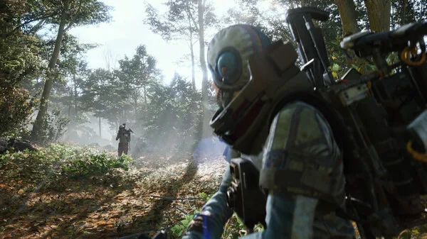 Official ARC Raiders screenshot of a Raider crossing bright, overgrown ruins on the surface