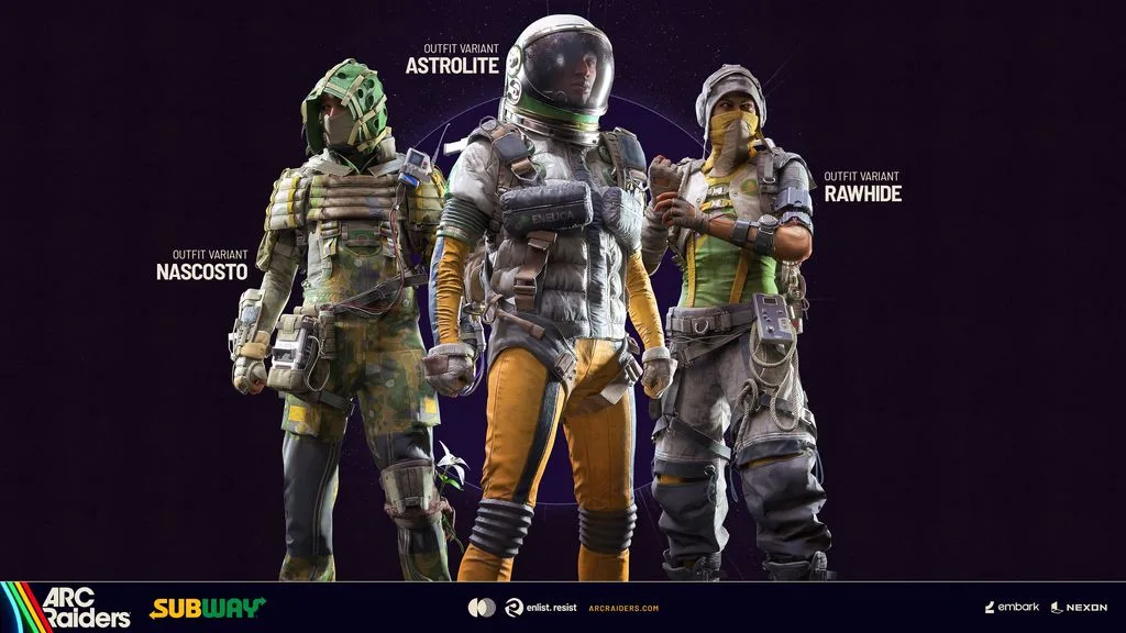 Official image of the three Subway-themed Subterranean outfit variants