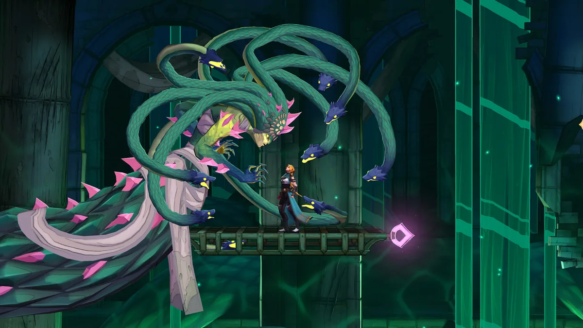 Official screenshot of a boss fight against a snake-bodied opponent with a boss health bar