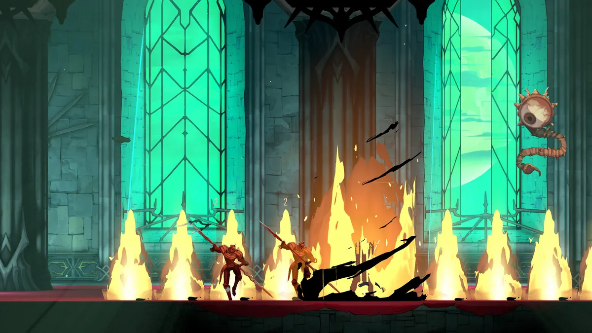 Official screenshot of a candle-lit hall with green stained-glass windows