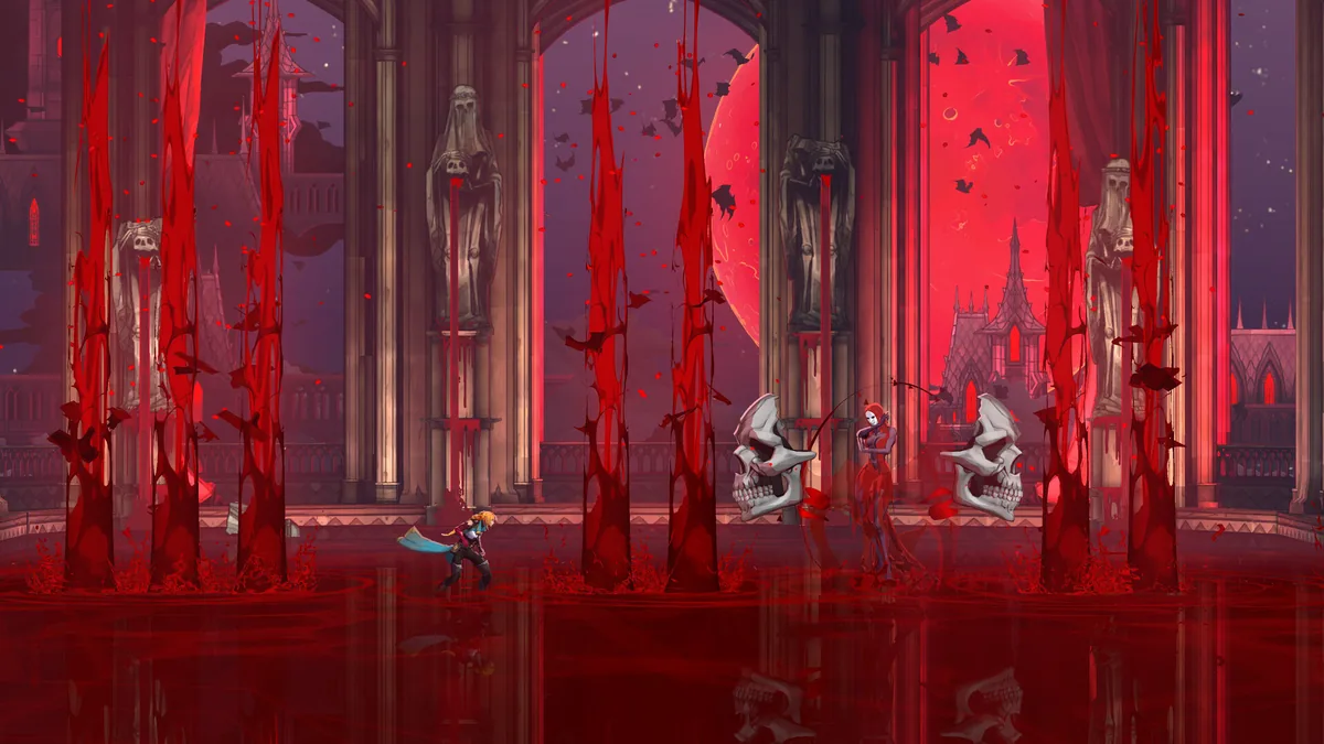 Official screenshot of a blood-red castle hall with tall banners, statues and a chandelier