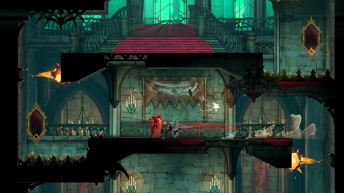 Official screenshot of Rose Belmont on a walkway inside an ornate teal and gold chamber