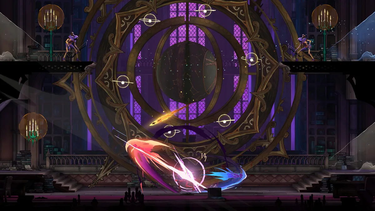 Official screenshot of a hall with a large rose window above a glowing magic circle