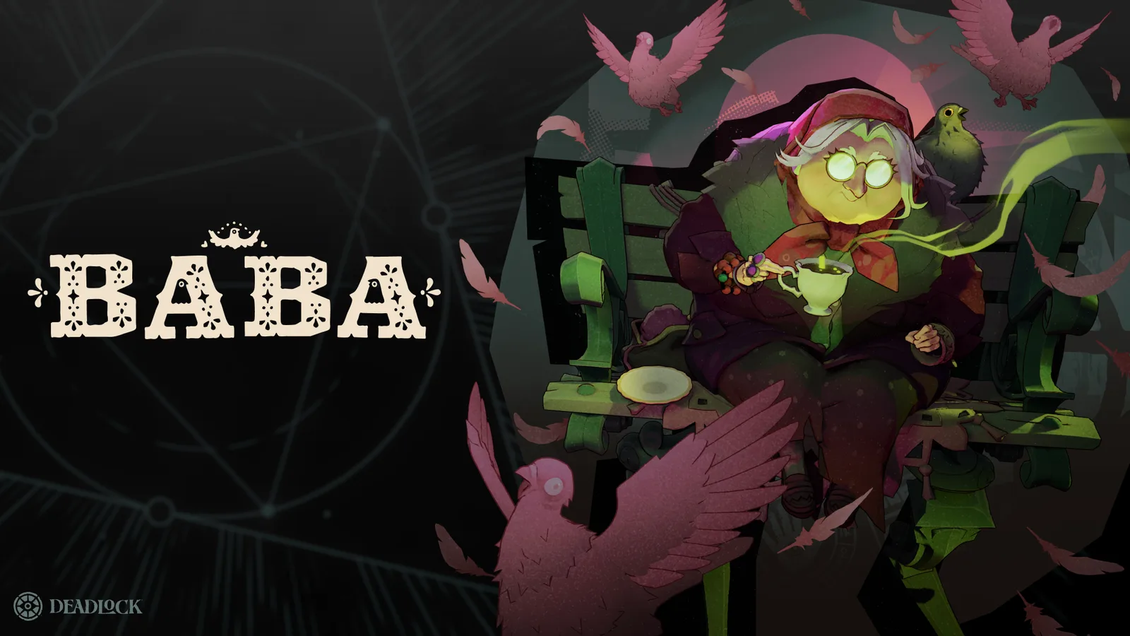 Valve Baba announcement artwork showing Baba on her bench with tea and pigeons