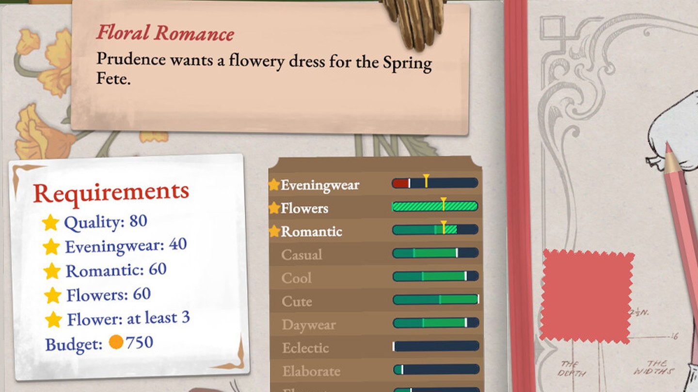 Detail crop of an official Dressmaker screenshot showing the English interface text on the commission brief screen: a card headed Floral Romance, a Requirements list reading Quality 80, Eveningwear 40, Romantic 60, Flowers 60 and Budget 750, and a column of style tags