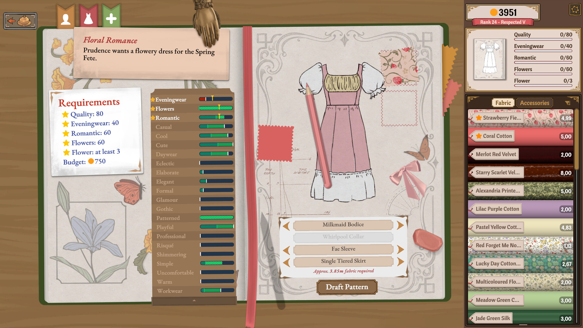 Official Dressmaker screenshot of an open commission in the sketchbook for Prudence, with the Requirements panel listing Quality 80, Eveningwear 40, Romantic 60, Flowers 60, Flower at least 3 and a Budget of 750, next to live progress counters reading 0/80, 0/40, 0/60, 0/60 and 0/3