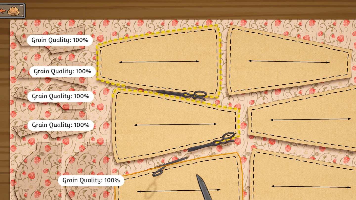 Cropped official Dressmaker screenshot of the cutting table, showing five dress panels laid out over a floral print, each panel carrying a lengthwise double-headed grain arrow and a label reading Grain Quality 100 percent