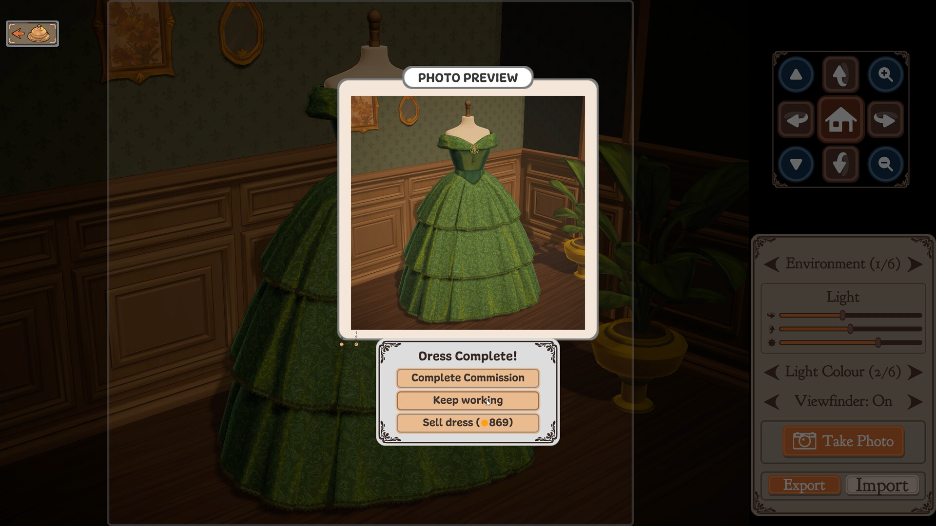 Official Dressmaker screenshot of the Dress Complete panel offering Complete Commission, Keep working and Sell dress for 869 coin, with the photo preview and environment controls visible behind it