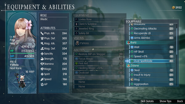In-game Equipment & Abilities screen with Y’shtola Vision equipped and abilities listed for selection