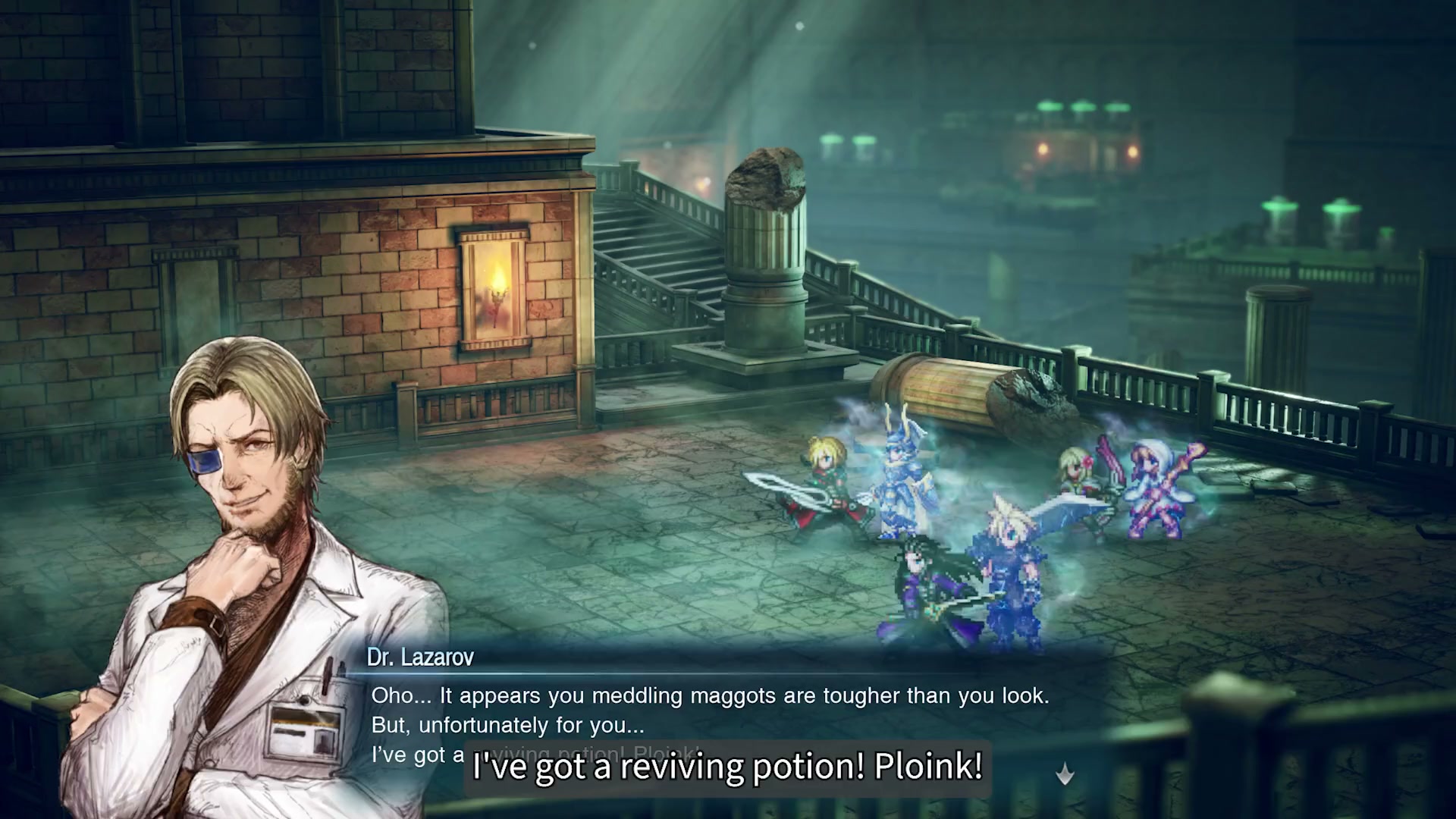 Official trailer frame showing Rain’s party in a battle conversation with Dr. Lazarov