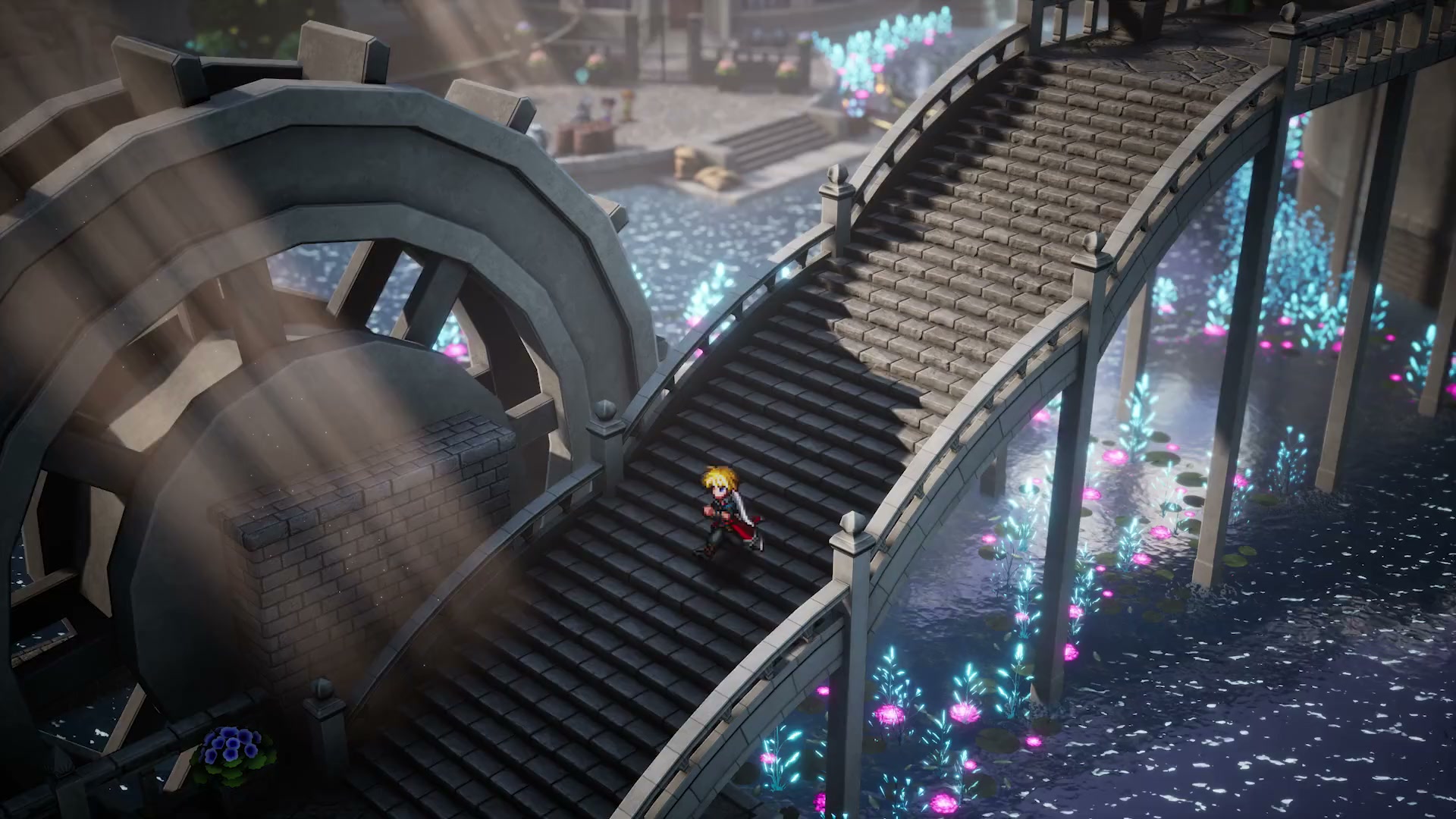 Official trailer frame showing Rain exploring a stone bridge over illuminated water