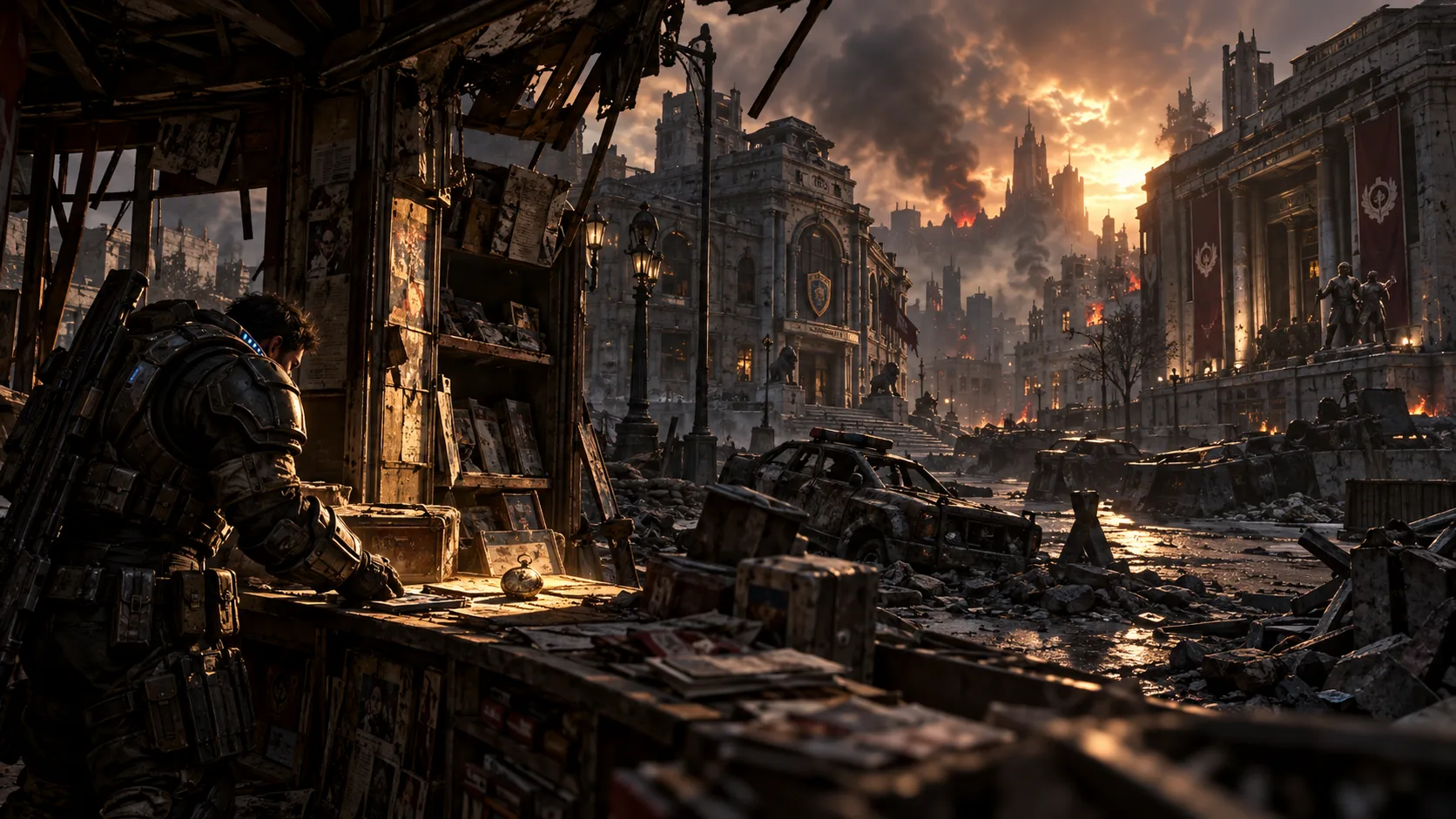 Editorial illustration of a soldier searching a ruined newsstand