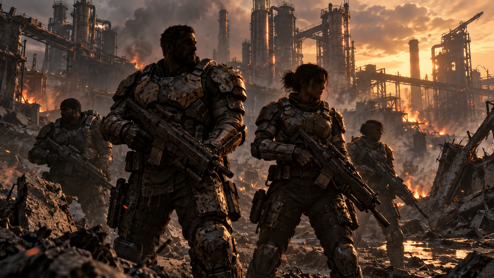 Original editorial illustration of a generic four-person squad in a damaged refinery