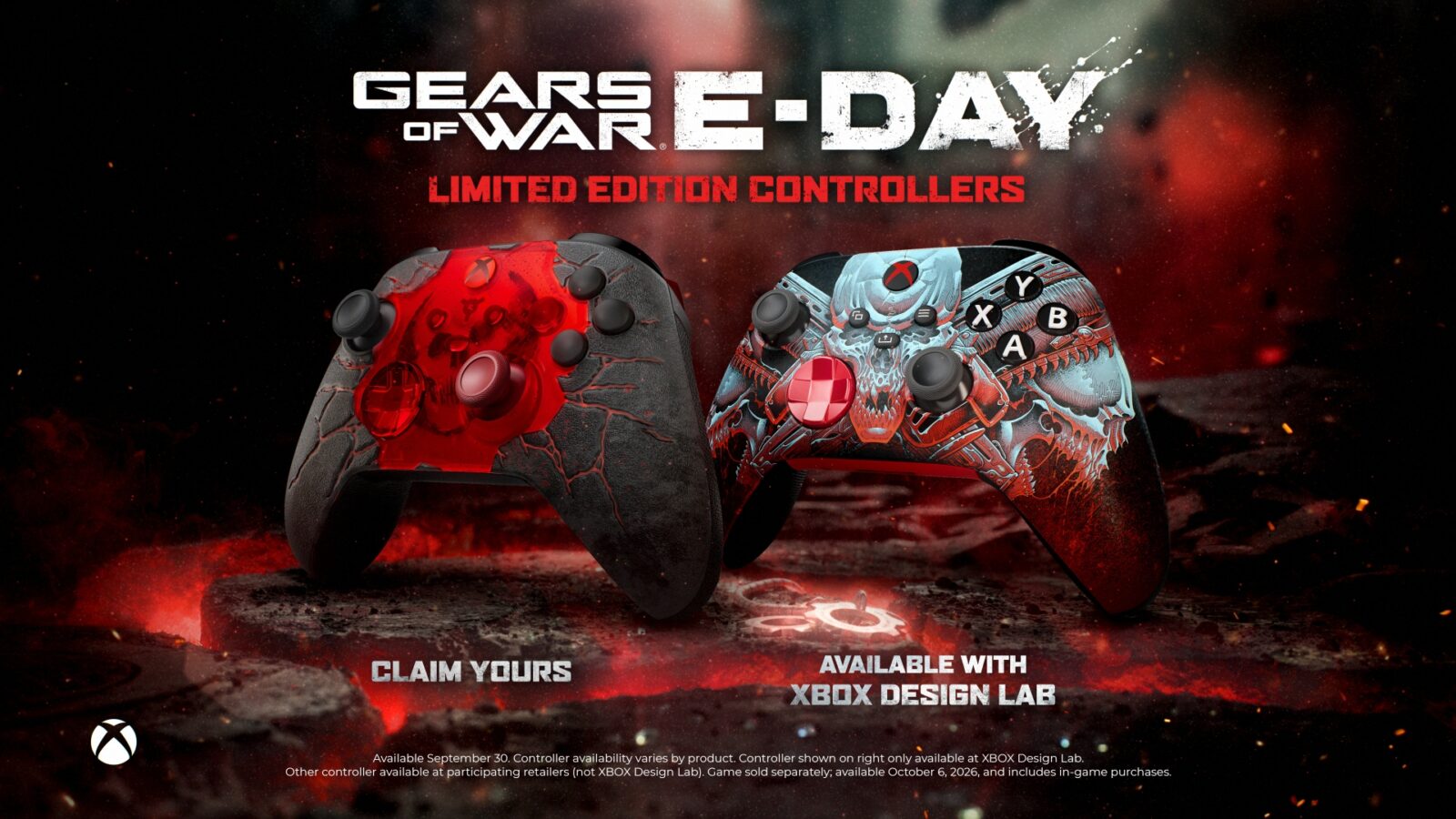 Official family image of Gears of War E-Day themed Xbox controllers