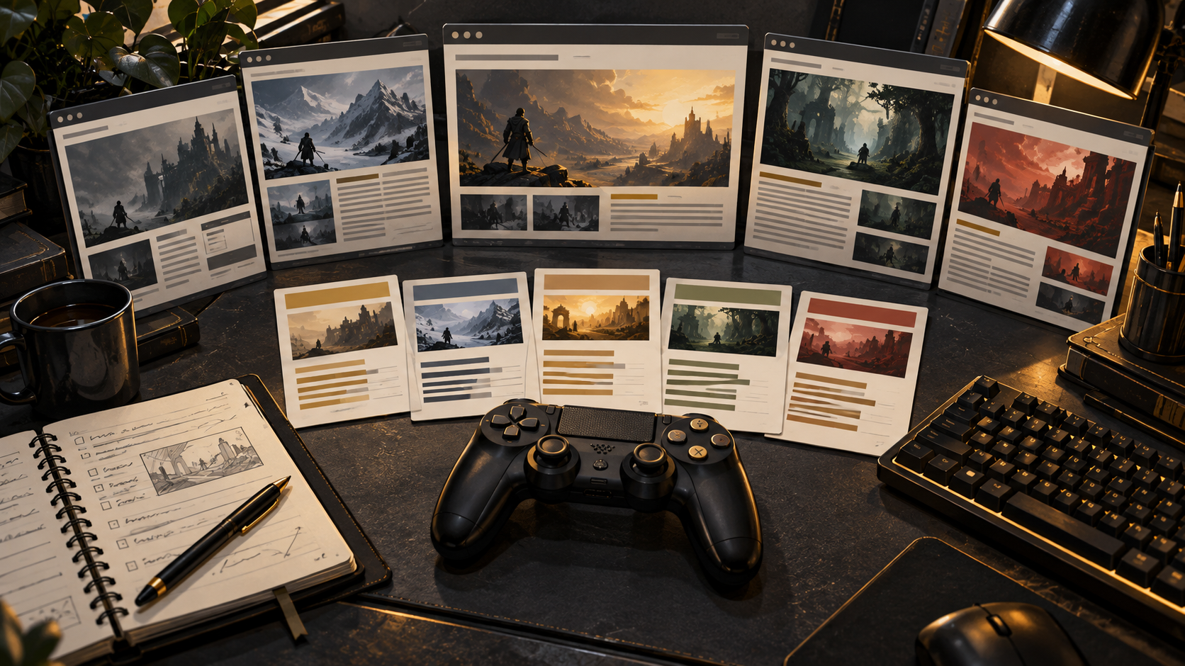 Original editorial illustration of a desk comparing several game reviews