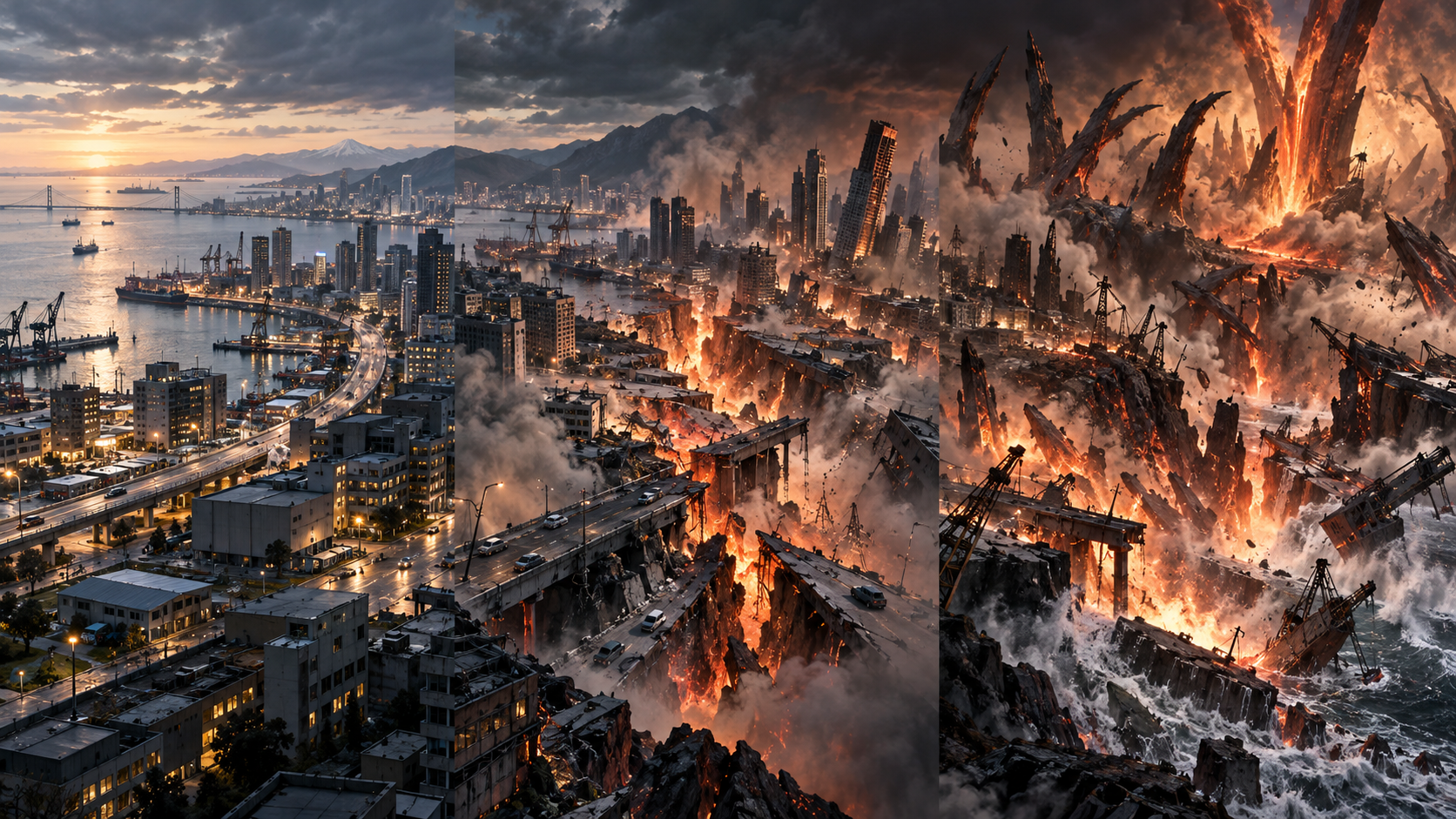 Original editorial illustration showing a coastal industrial city collapsing over three stages