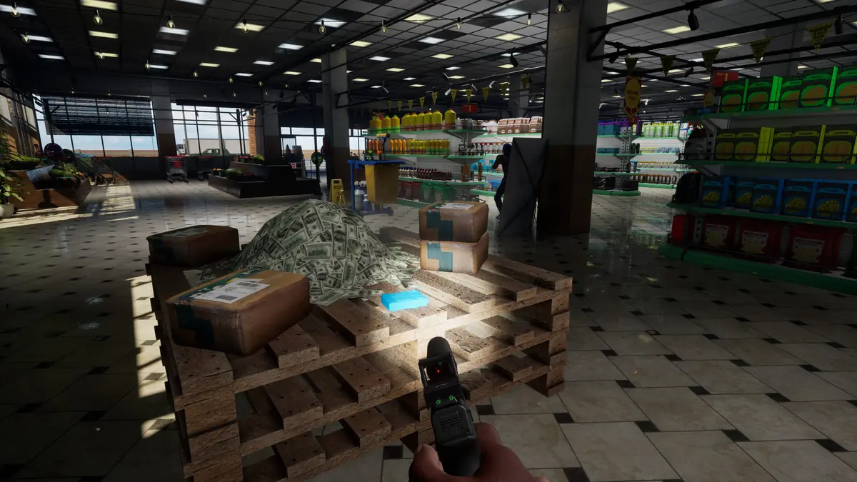 Official Hood Warfare 2 screenshot of a large retail interior with pallets and shelving