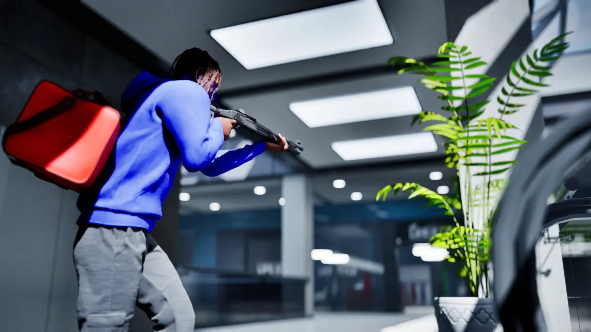 Official Hood Warfare 2 screenshot of a player carrying a bag indoors alongside a team-mate