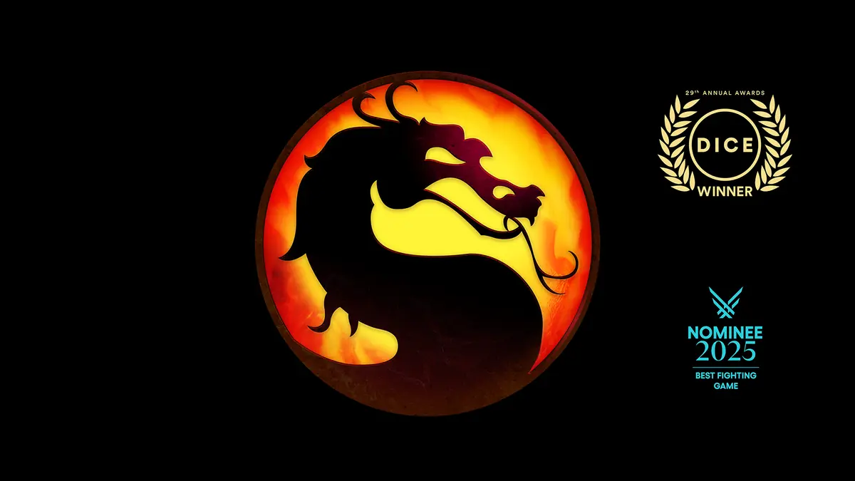 Official Mortal Kombat dragon logo shown with a DICE award win and a Game Awards nomination
