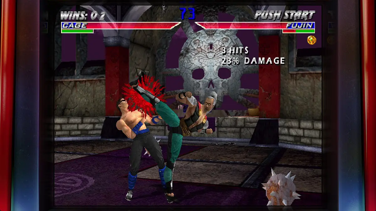 Official Legacy Kollection screenshot of an online Mortal Kombat 4 match showing a push start prompt and damage counter