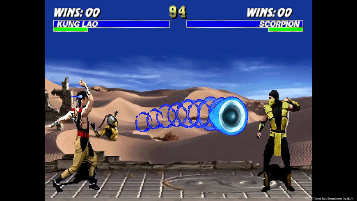Official Legacy Kollection online match screenshot showing Kung Lao fighting Scorpion with win counters on screen