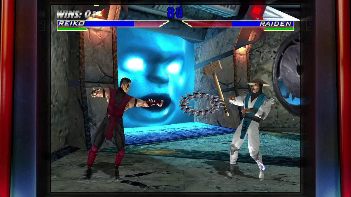 Official Legacy Kollection screenshot of a match on a stone stage with win counters on screen