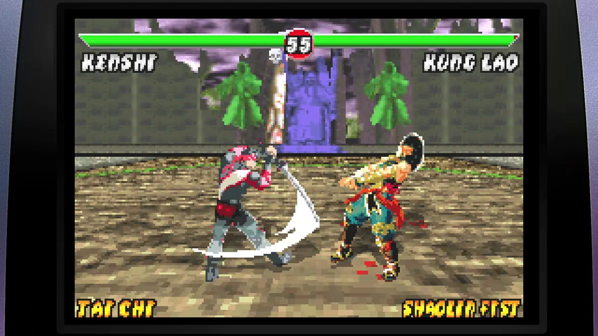 Official Legacy Kollection screenshot of a match with character names and a finishing move prompt on screen