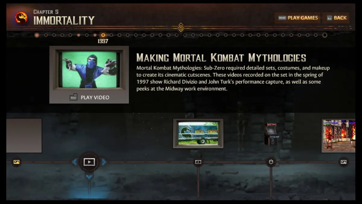 Official Legacy Kollection screenshot of the documentary chapter menu for Mortal Kombat Mythologies