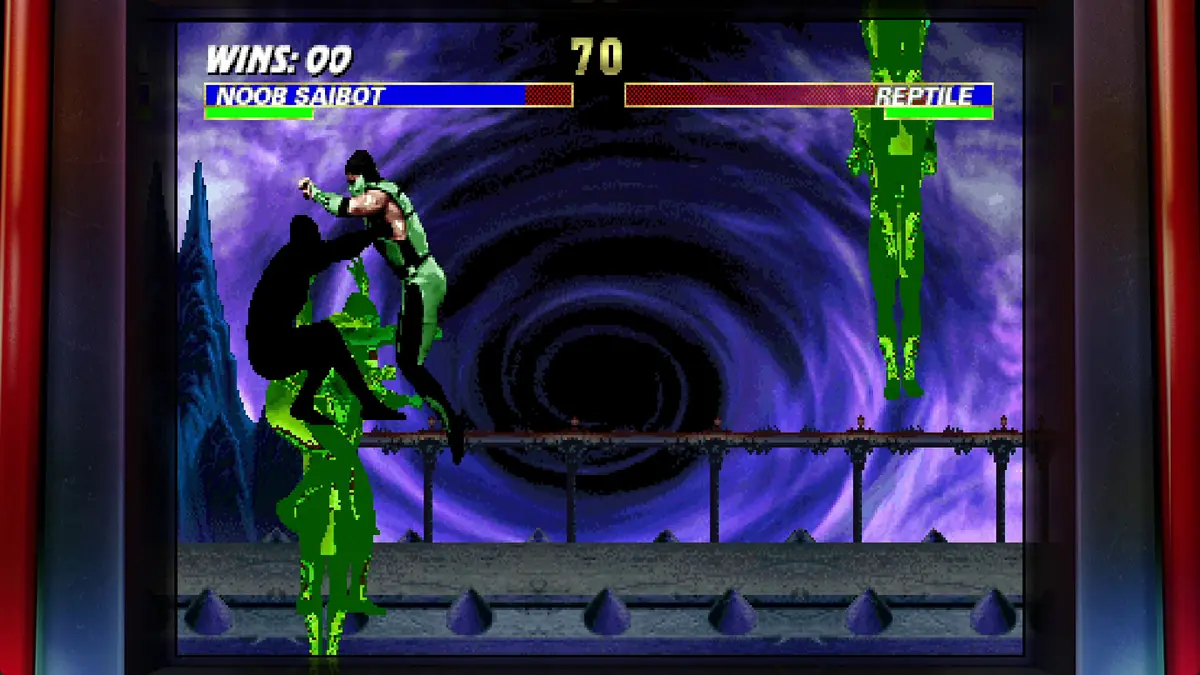 Official Legacy Kollection screenshot of two fighters in a purple-lit stage with win counters displayed