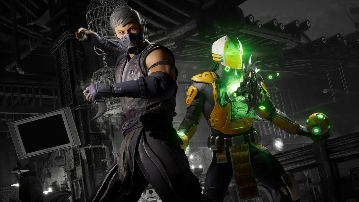 Official Mortal Kombat 1 screenshot of two fighters mid-battle on a rooftop stage