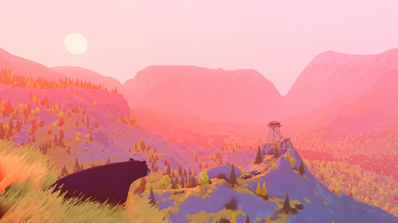 Official over the hill screenshot showing a broad Canadian mountain valley, a bear, two vehicles, and a fire lookout