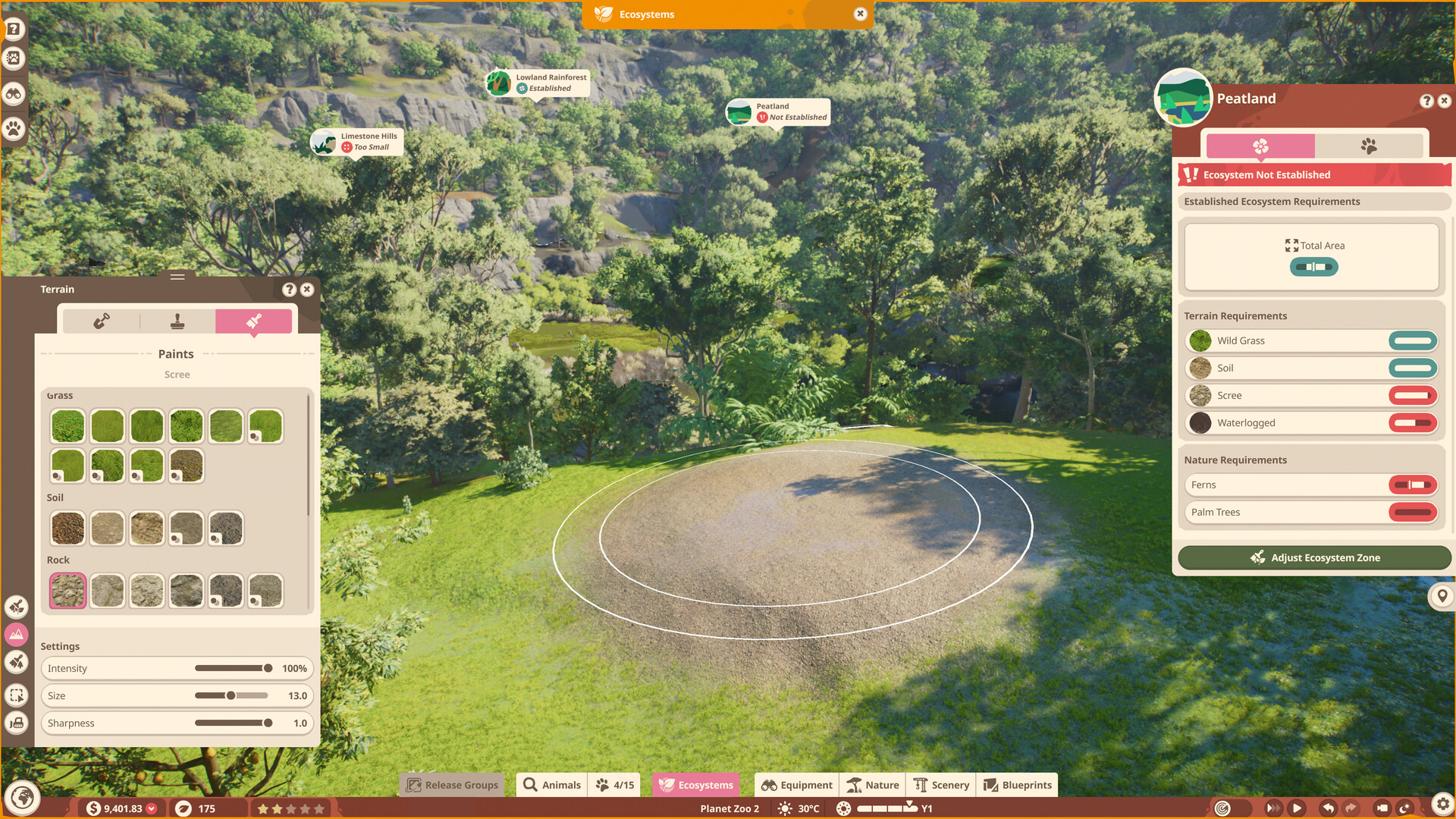 Planet Zoo 2 interface with construction tools and performance-heavy scenery