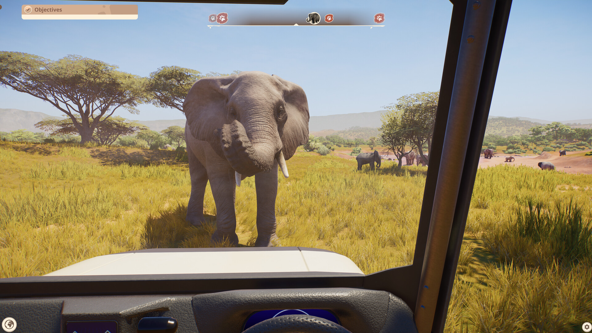 First-person safari view of an elephant in Planet Zoo 2