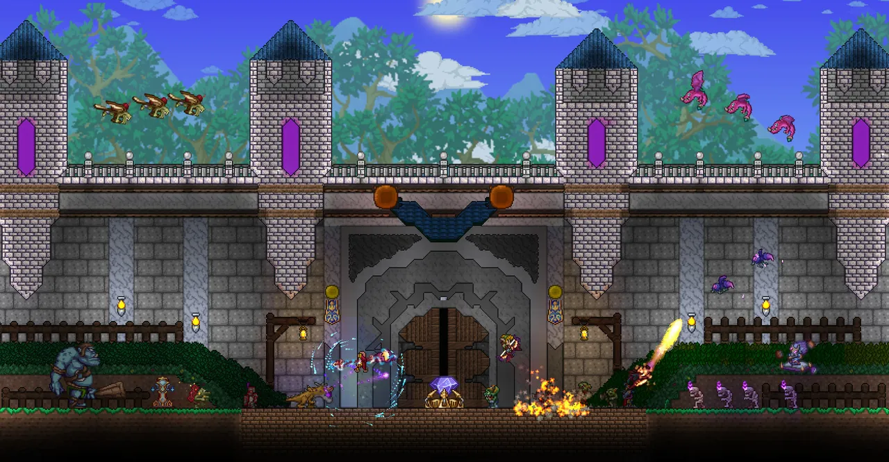 Official Terraria screenshot of a large stone castle at daylight